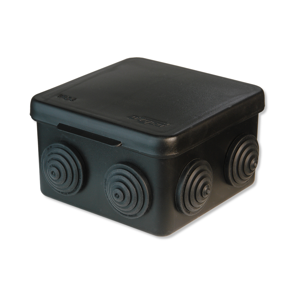 67040МЧ Тусо Коробка расп. для о/п, 80х80х50мм , 7 вводов, откидная крышка, черная